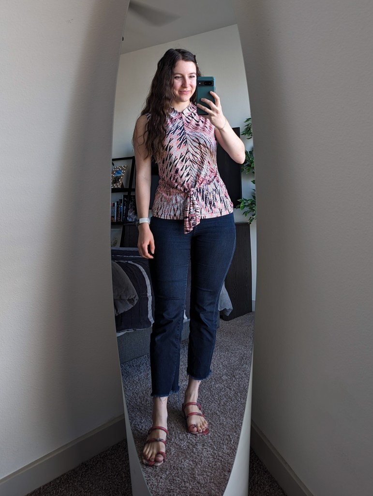 clara sunwoo blouse work outfit spring style cropped flared jeans express red snakeskin sandals