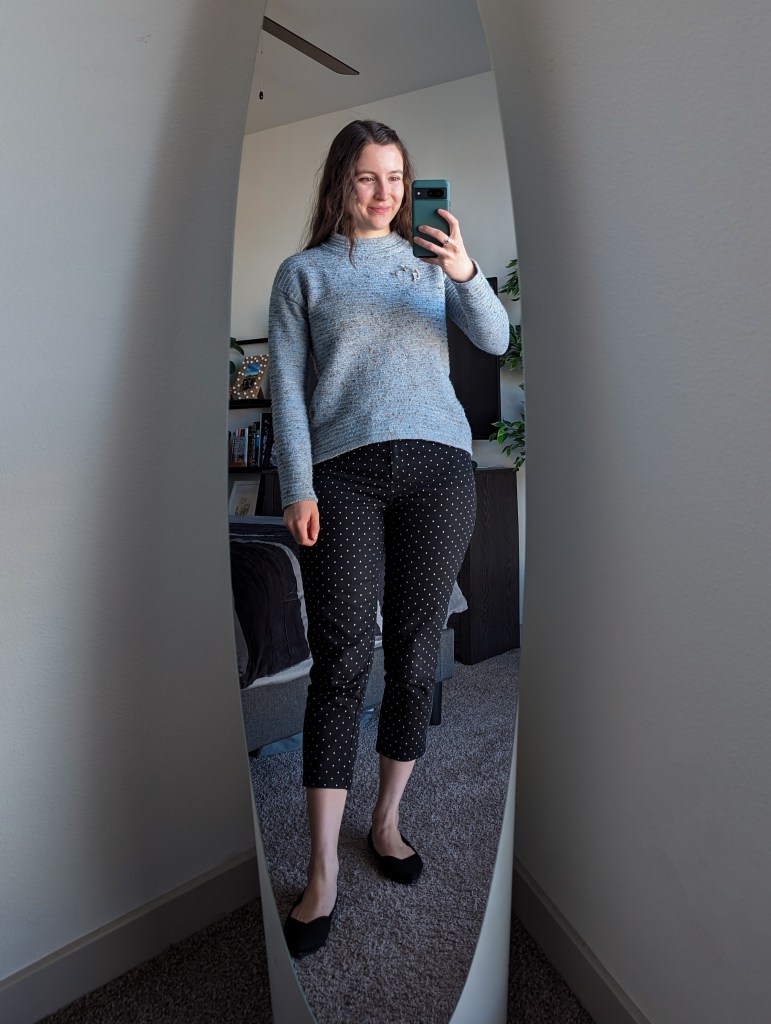 blue sweater brooches polka dot trousers work outfit black flats rothys