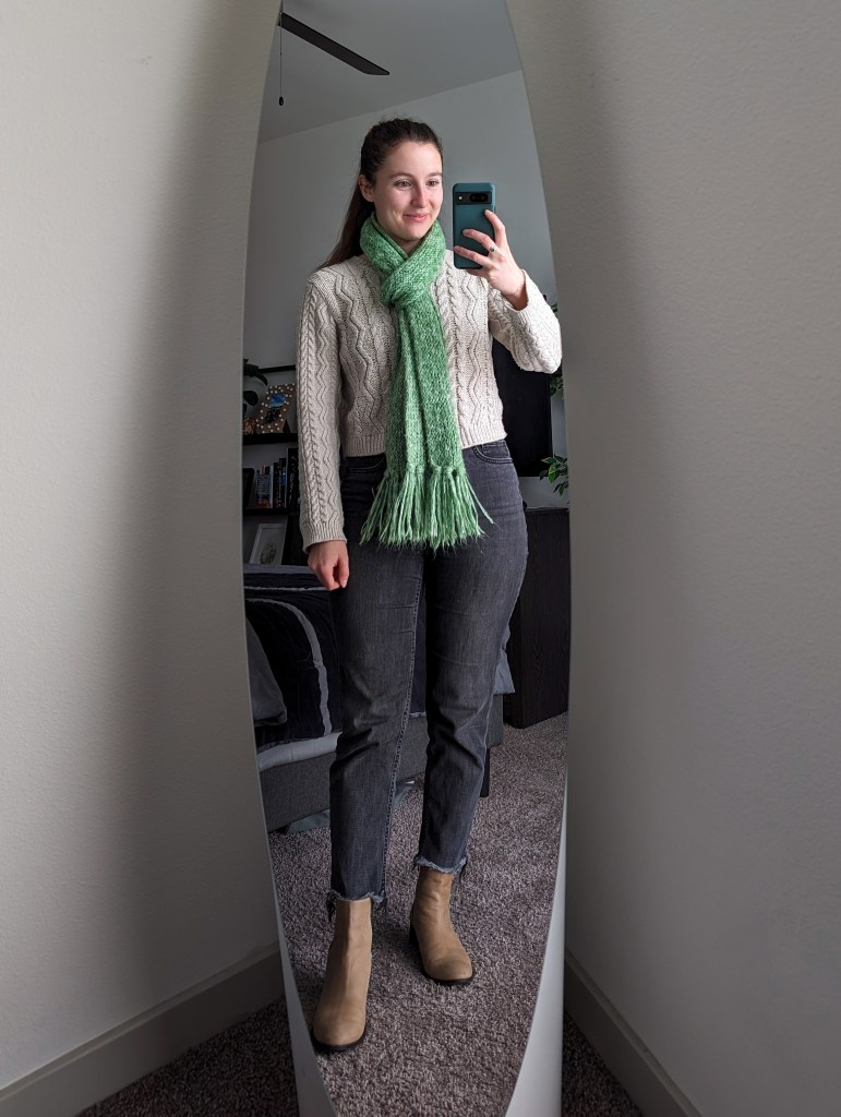 beige sweater green scarf grey straight leg jeans express beige booties shop lc