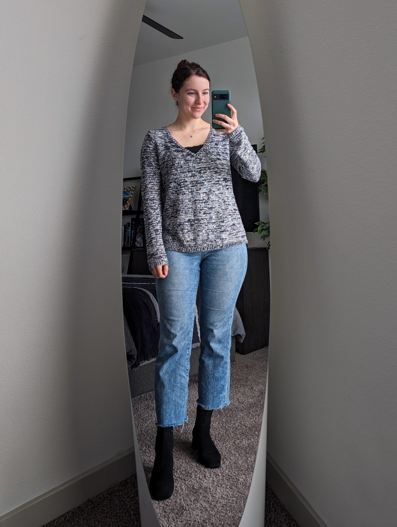 navy and white vneck sweater cropped flared jeans express gap black booties vivaia