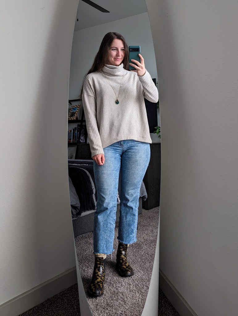 beige turtleneck clara sunwoo cropped flared jeans leopard rain booties