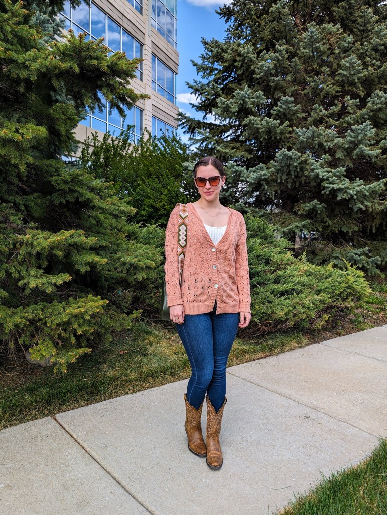 white fringe bodysuit peach cardigan saddle bag ariat boot barn cowgirl boots