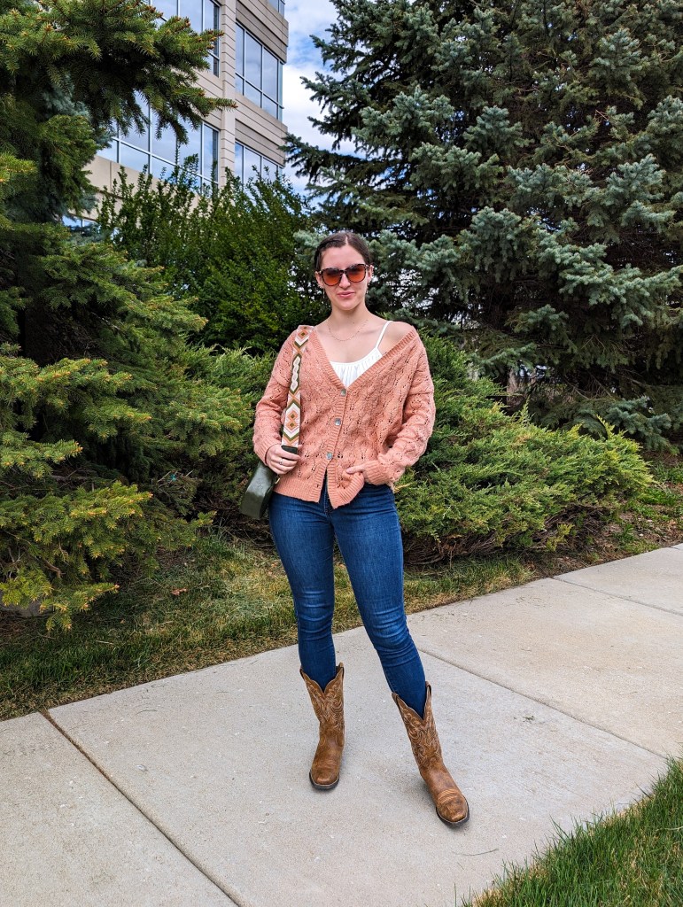 peach cardigan spring outfit cowgirl boots saddle purse white fringe bodysuit cavenders