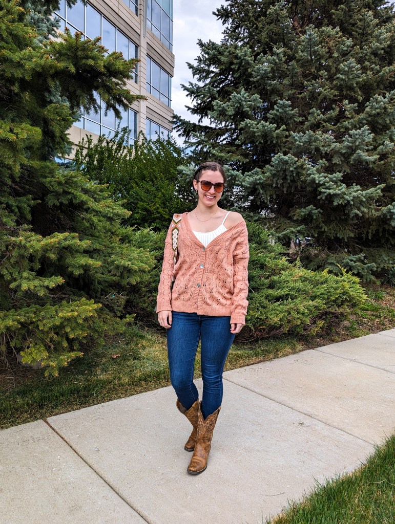 fringe bodysuit peach cardigan skinny jeans express cowgirl boots boot barn