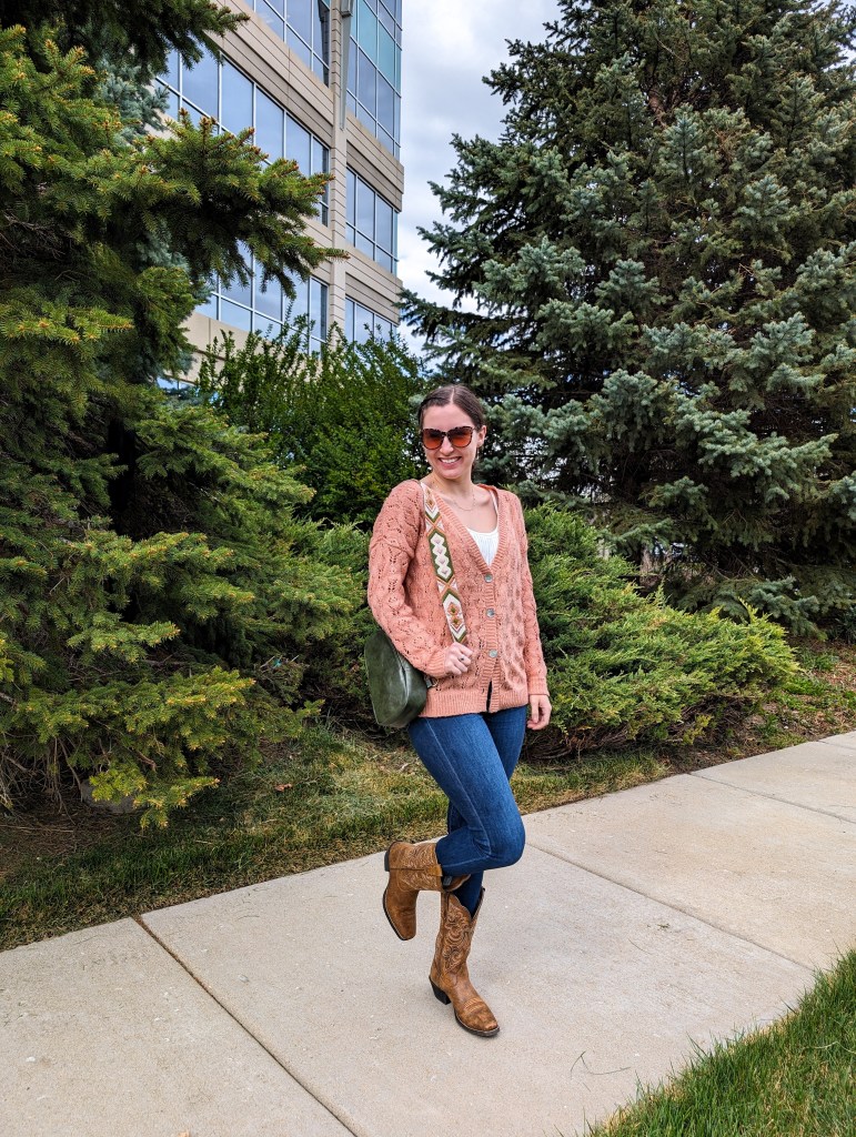 peach cardigan pantone color of the year 2024 skinny jeans cowgirl boots ariat boot barn