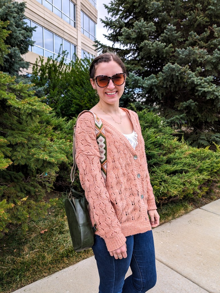 three arrows gallery denver saddly purse crossbody olive green peachy cardigan sunglasses skinny jeans