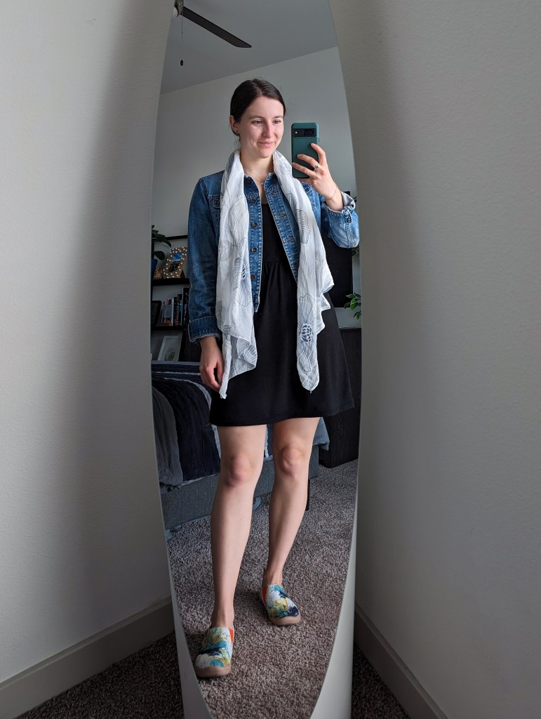 black tank dress denim jacket white scarf uin footwear sneakers