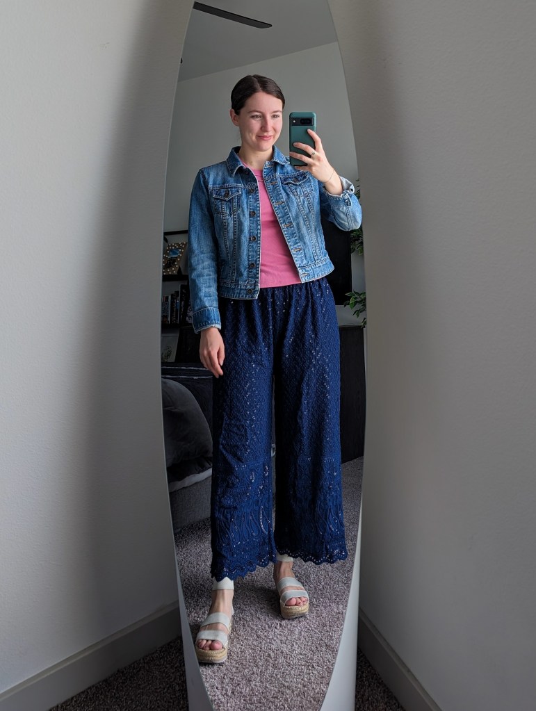 pink ribbed tee old navy denim jacket navy palazzo pants white espadrille sandals