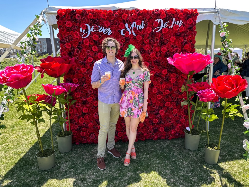 denver mini derby couple outfits dressing up green fascinator