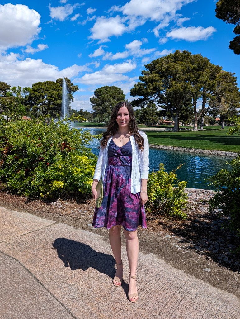 wedding guest dress nude heels white cardigan easter dress