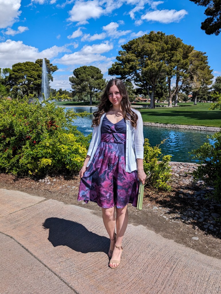 white cardigan purple dress twist front vintage style old fashioned thrifted fashion