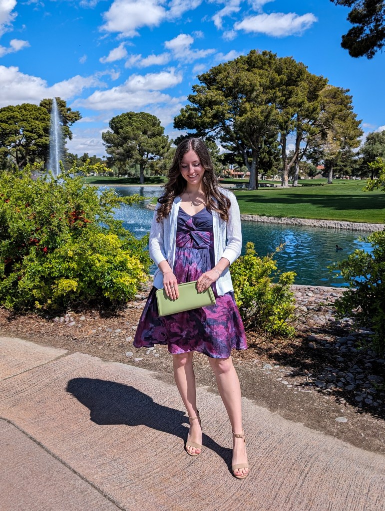 printed dress thrifted fashion secondhand style white cardigan green clutch
