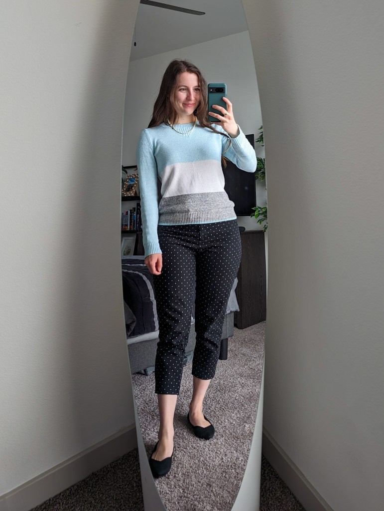 striped sweater polka dot pants work outfit black rothys
