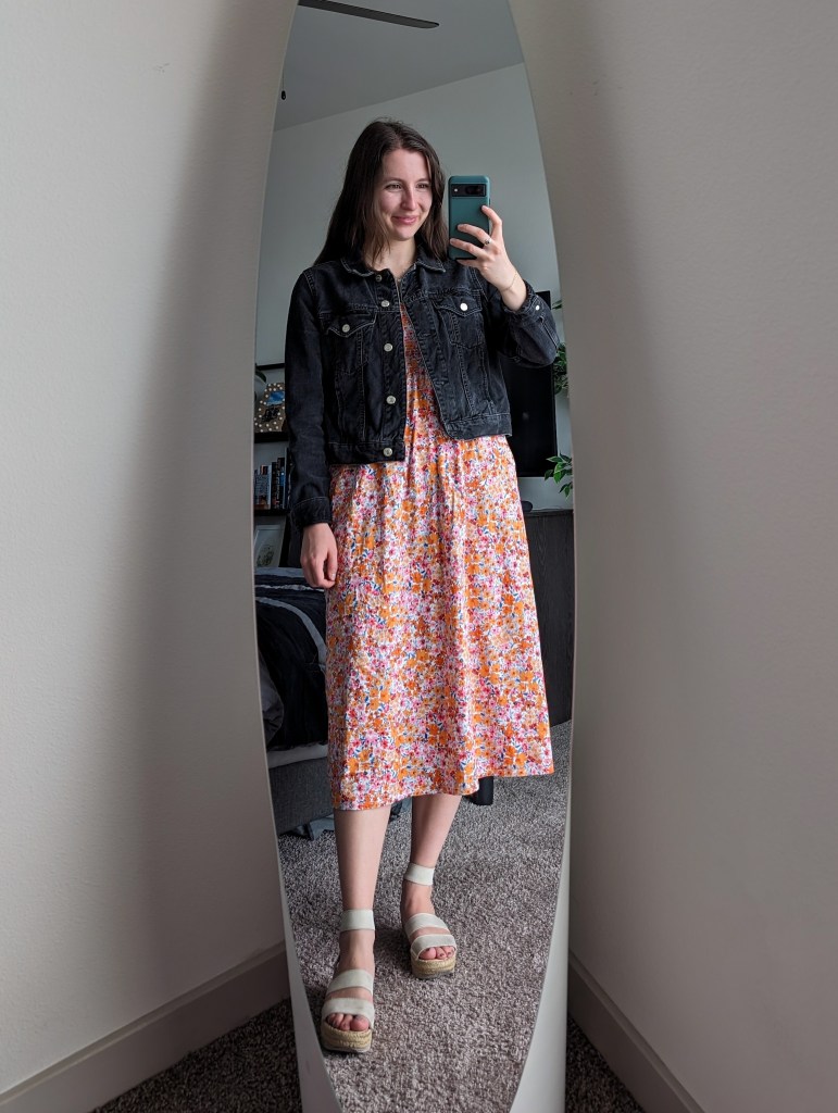 floral old navy maxi dress spring fashion black denim jacket topshop white espadrille sandals