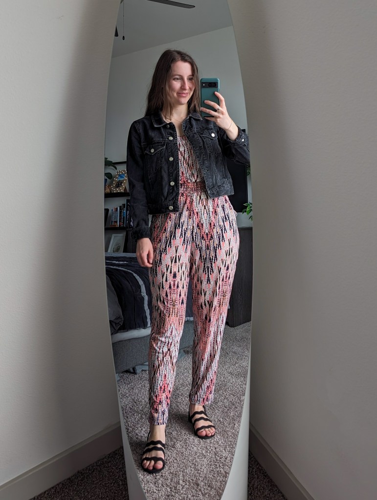 printed clara sunwoo jumpsuit black denim jacket sandals spring fashion