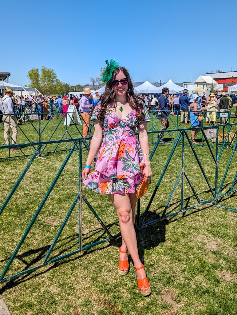 orange wedges derby day outfit green fascinator thrifted