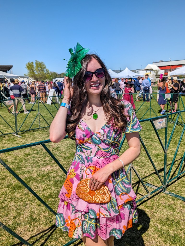 green fascinator amazon pink and green dress marshalls leopards orange beaded purse