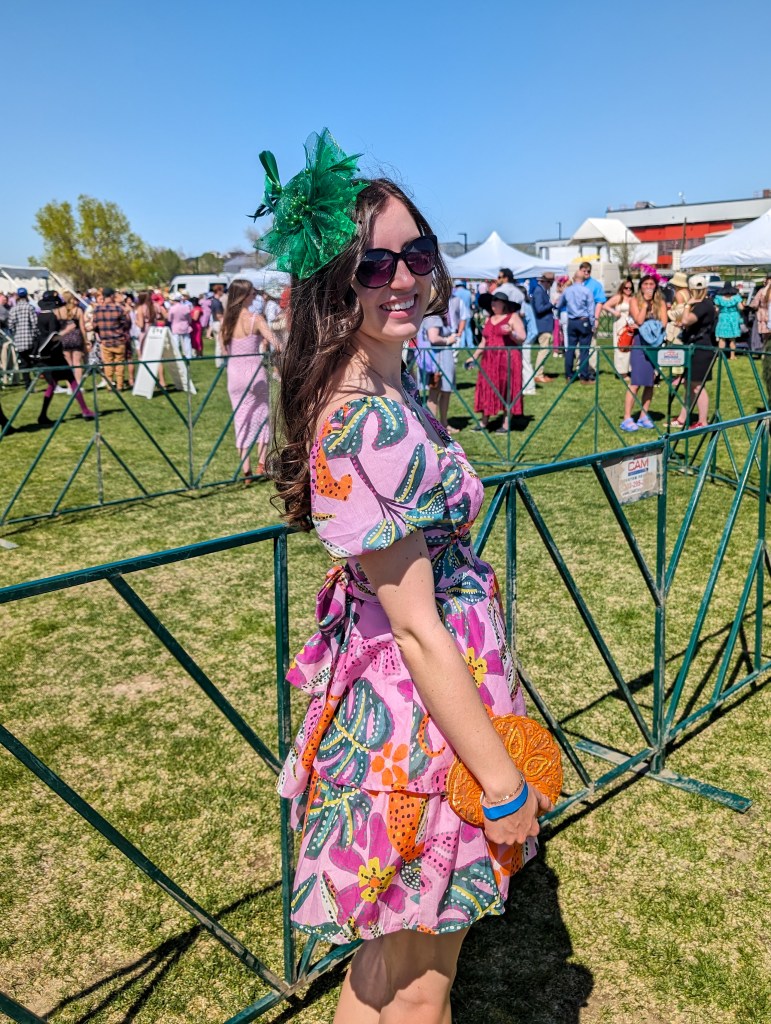 denver mini derby outfit pink and green dress green fascinator headpiece