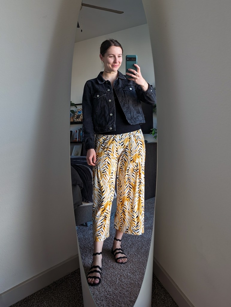 yellow printed pants black blouse denim jacket topshop
