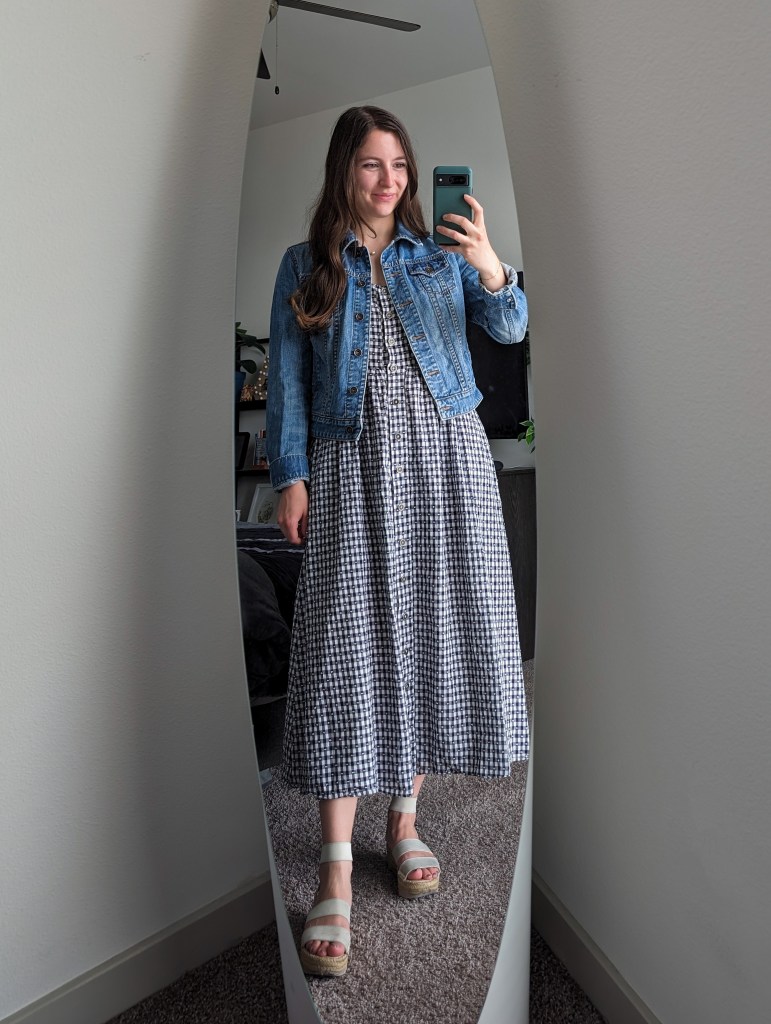 gingham-dress-denim-jacket-thrifted-white-espadrille-sandals