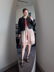 black denim jacket topshop printed skirt rose colored bodysuit black sandals cavenders