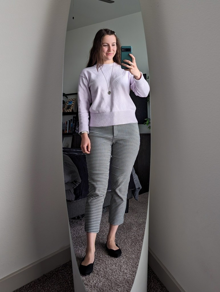 light purple sweater banana republic houndstooth pants black flats rothys