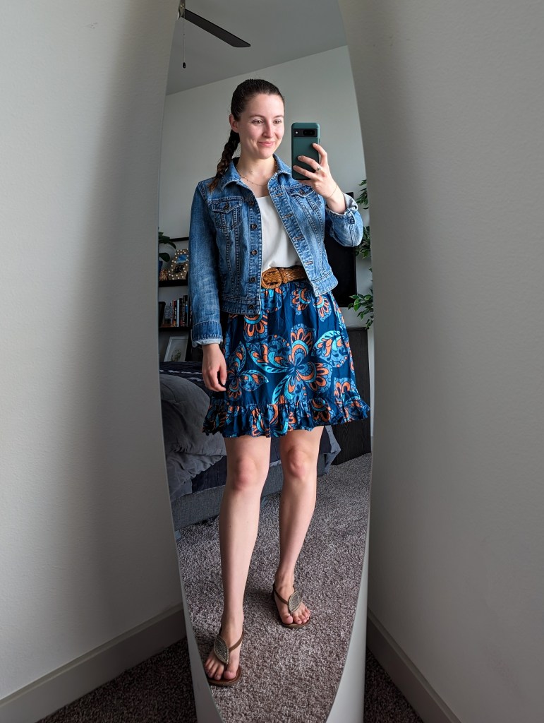 white top denim jacket printed skirt brown sandals