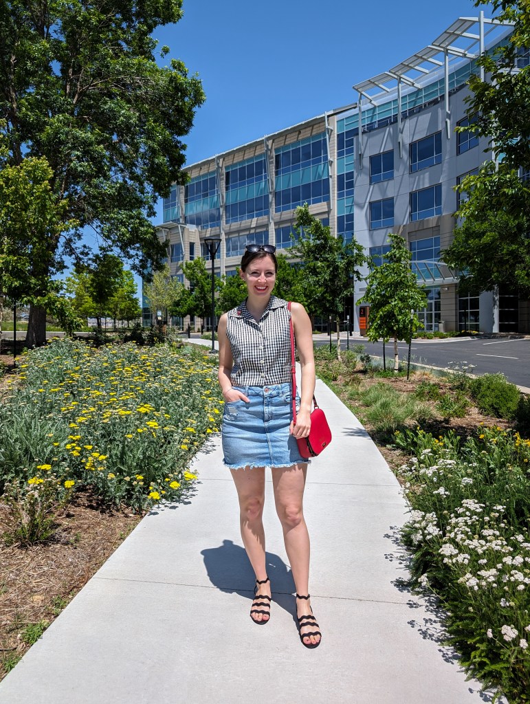 gingham-top-red-purse-kate-spade-hand-me-down-denim-skirt-black-sandals