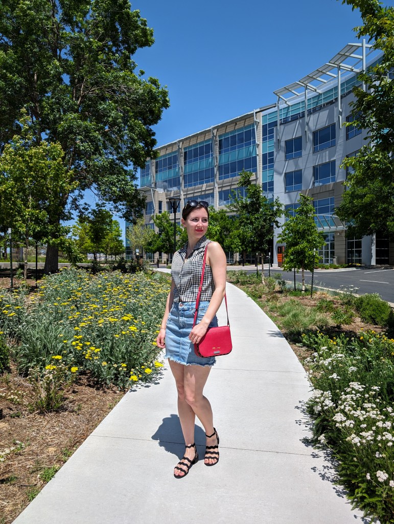 red kate spade purse trendy denim skirt black sandals gingham top
