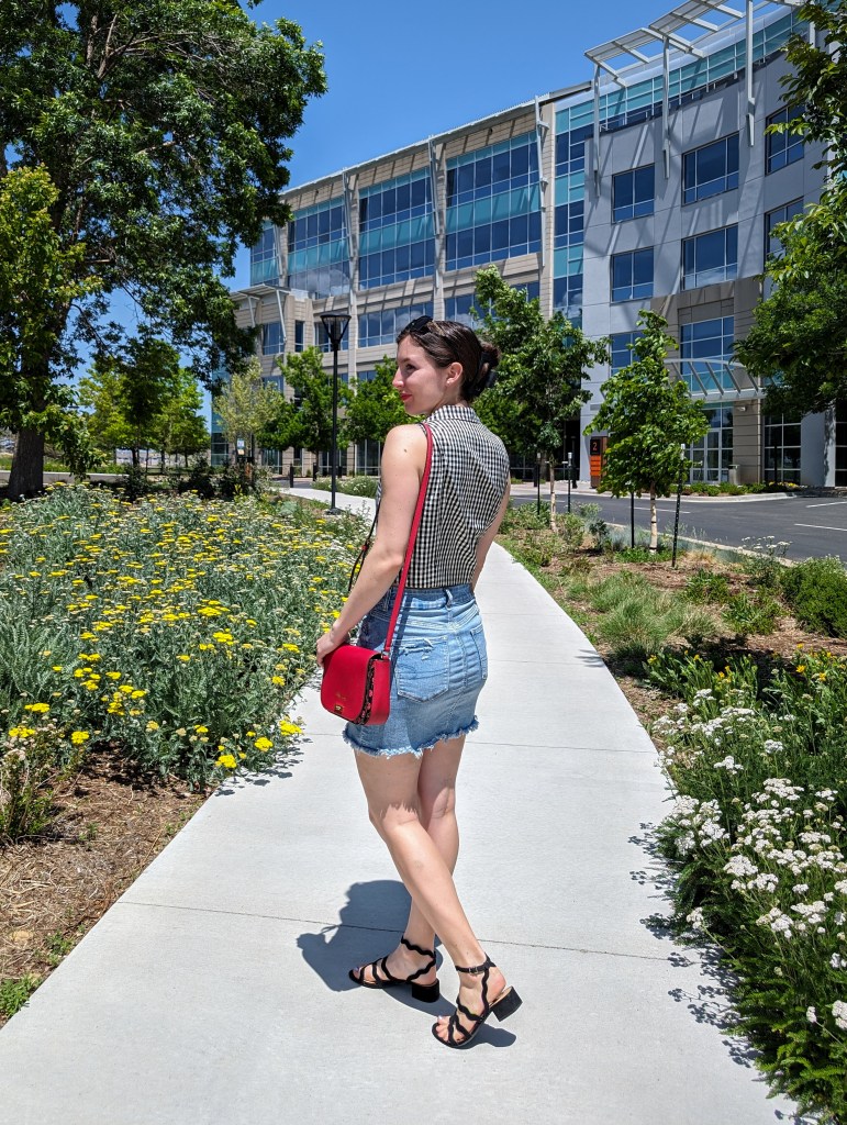 denim skirt gingham button down red purse black sandals summer fashion
