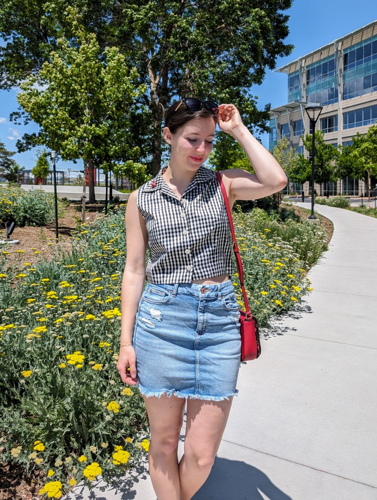 pop of red accessories denim skirt gingham button down summer outfit