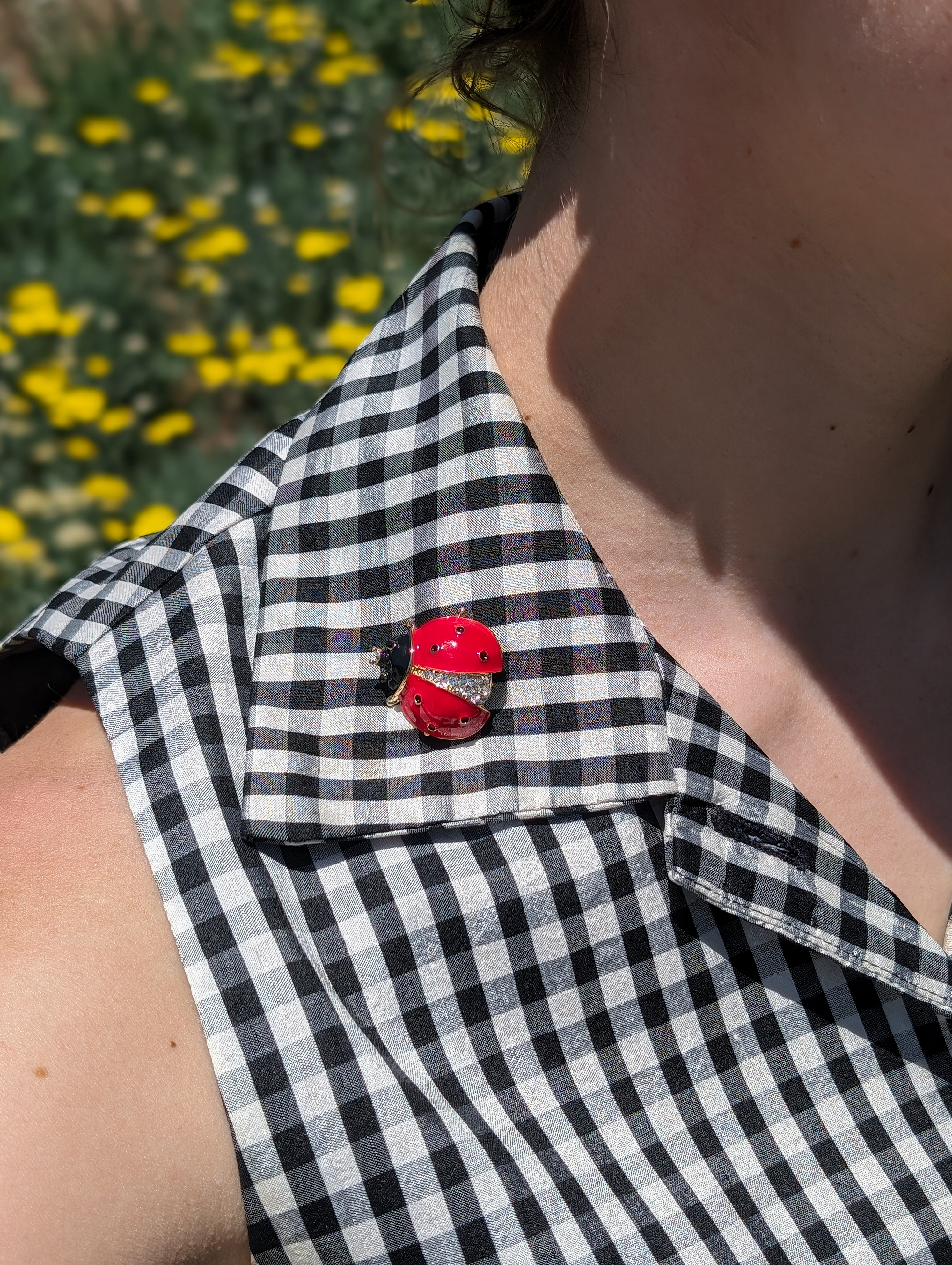 ladybug brooch pin queenmee accessories gingham button down collar accessories