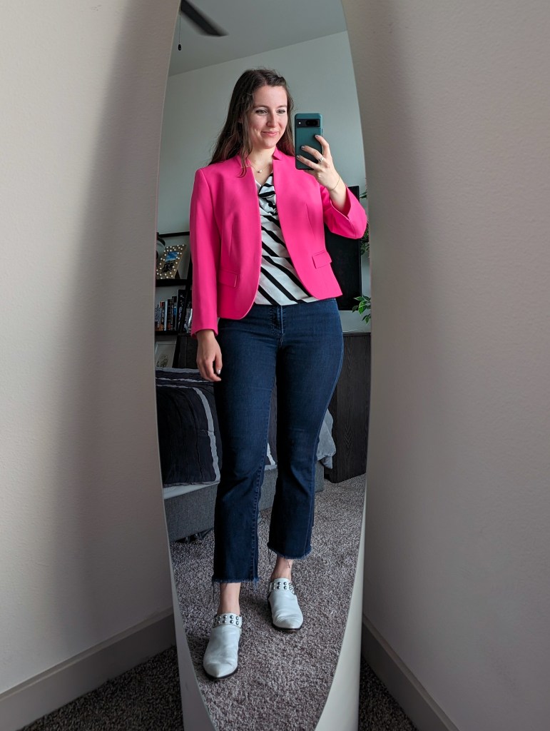 hot pink blazer striped cowl blouse cropped flared jeans express white mules