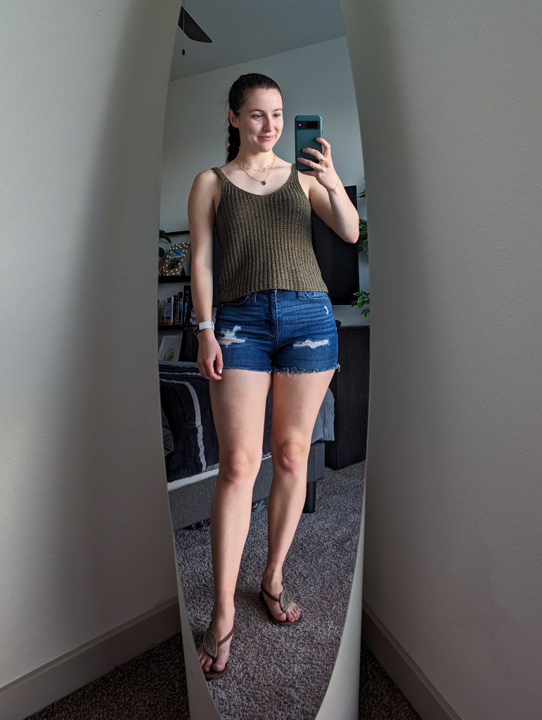 olive green knit tank denim shorts target francescas brown sandals dsw