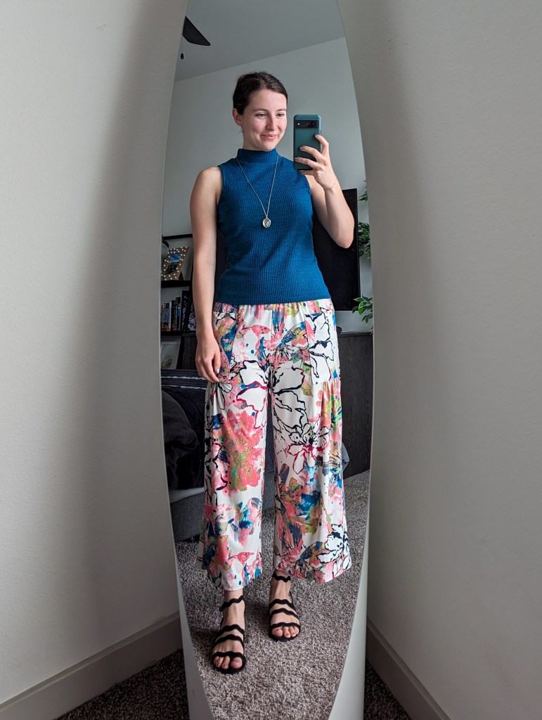 teal mock neck top clara sunwoo pants black wavy sandals macys