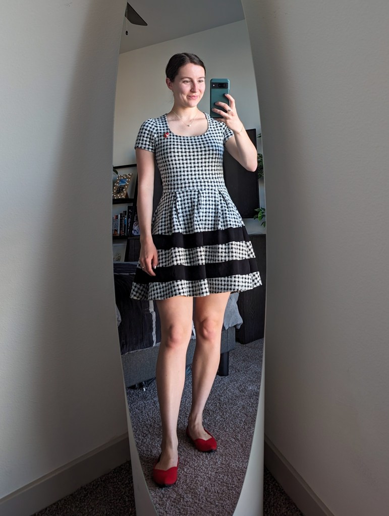 gingham striped fit and flare dress red flats rothys queenmee accessories