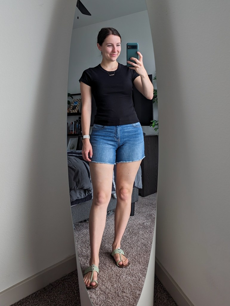 black ribbed tee old navy denim shorts sandals casual summer style