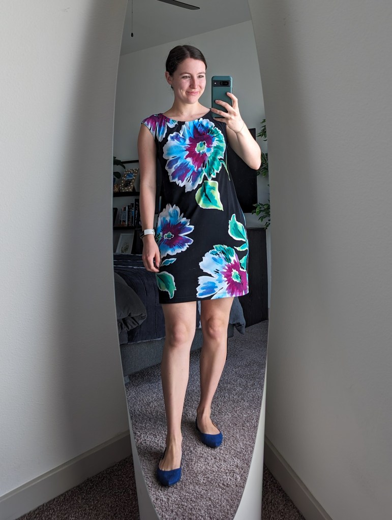 floral work dress large print summer outfit blue flats