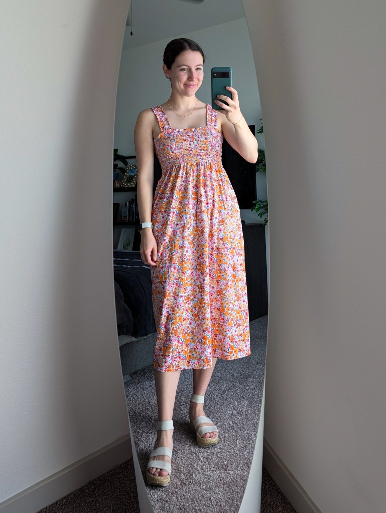 floral dress smocked top old navy white espadrille sandals