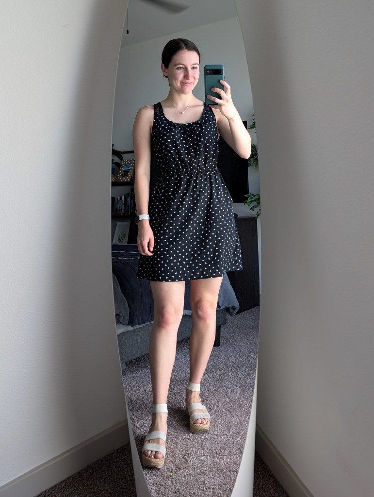 black polka dot dress hand-me-down white espadrilles dsw