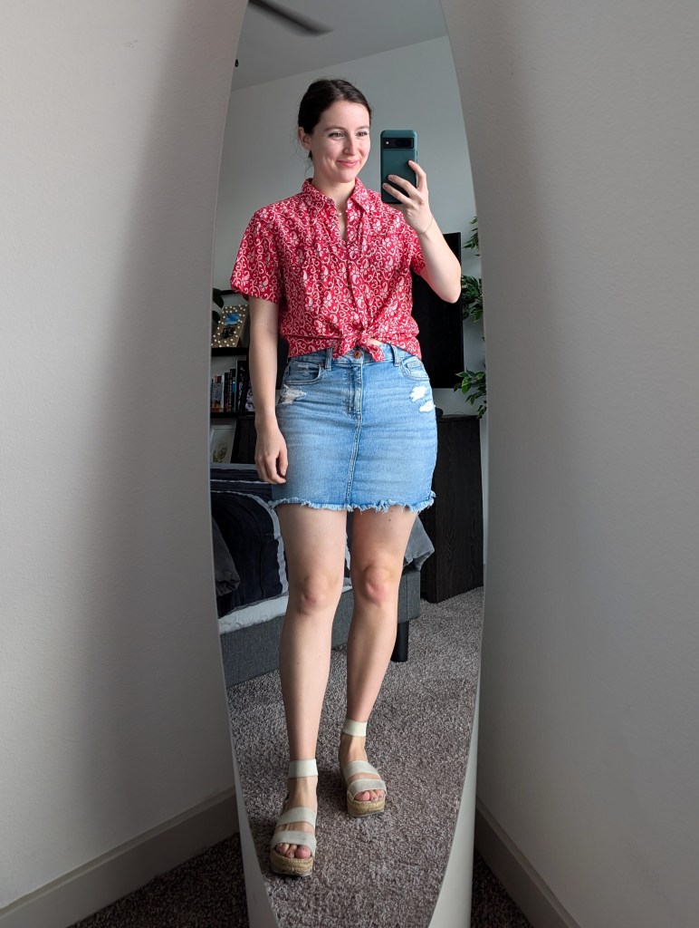 red and white button down western wear denim skirt white sandals espadrilles