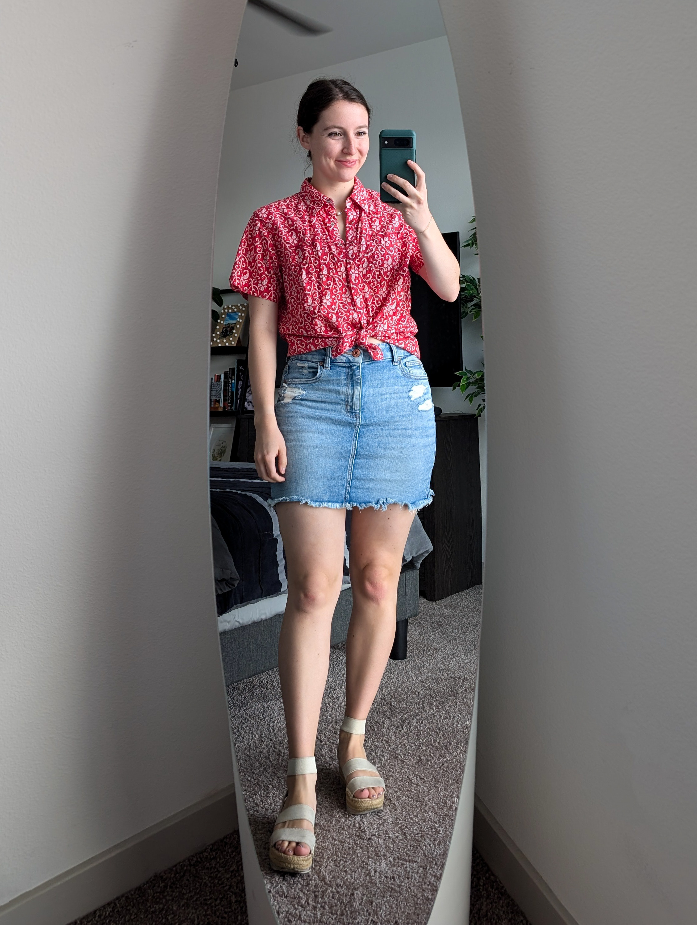 red and white button down western wear denim skirt white sandals espadrilles