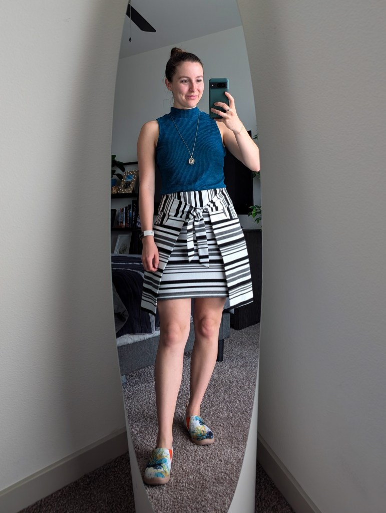 teal mock neck top striped skirt cabi uin footwear sneakers