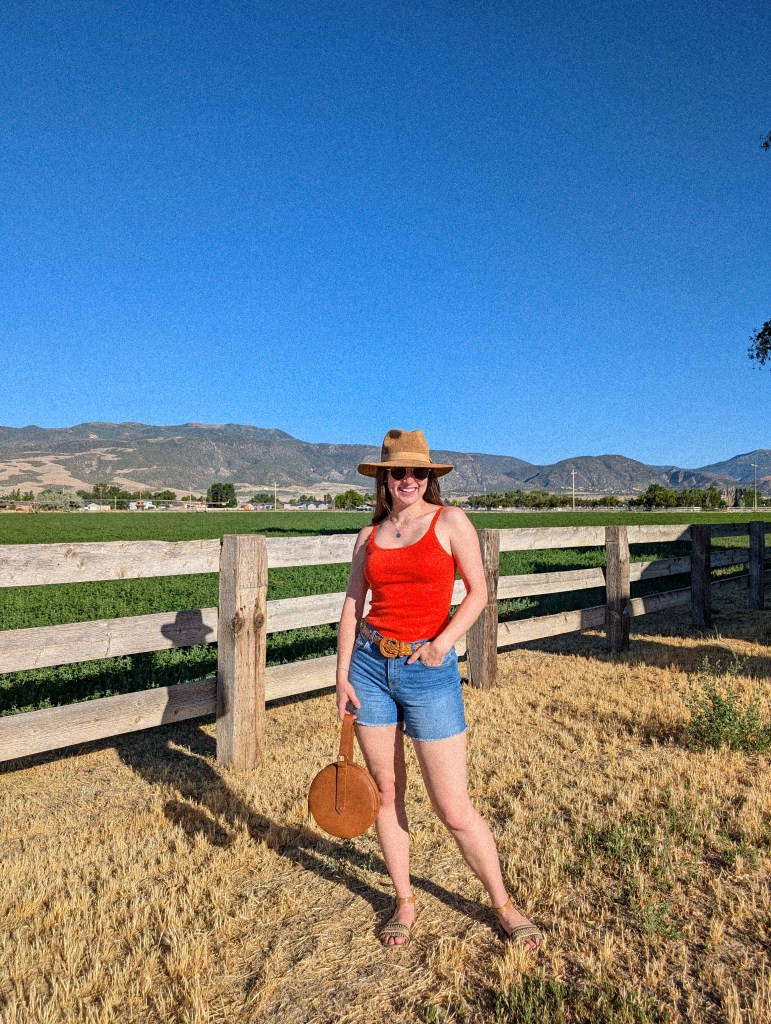 orange top panama hat circle purse target denim shorts cost per wear