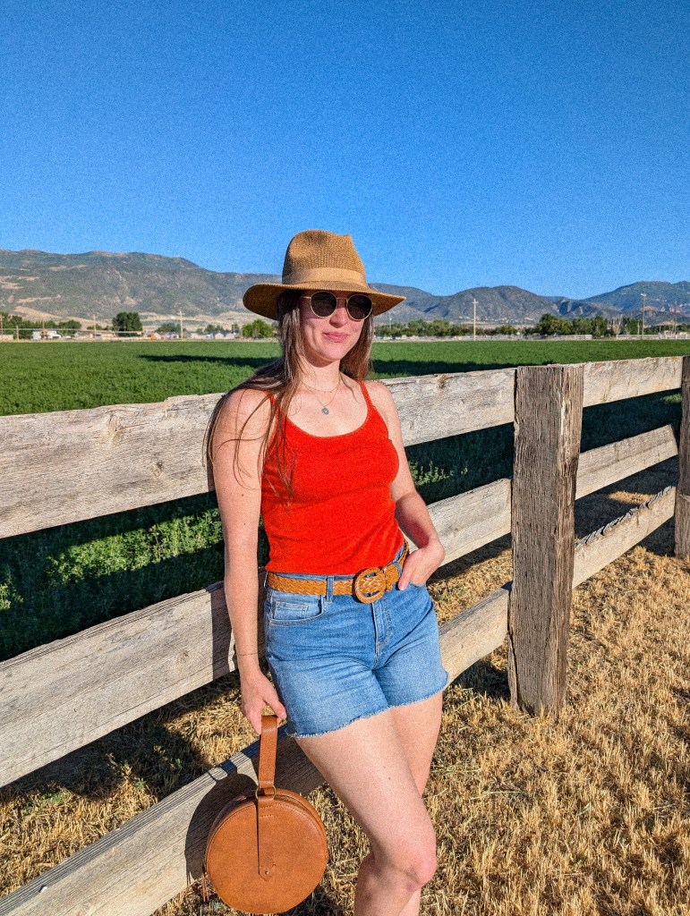 orange top summer fashion affordable style post grad month in review denim shorts