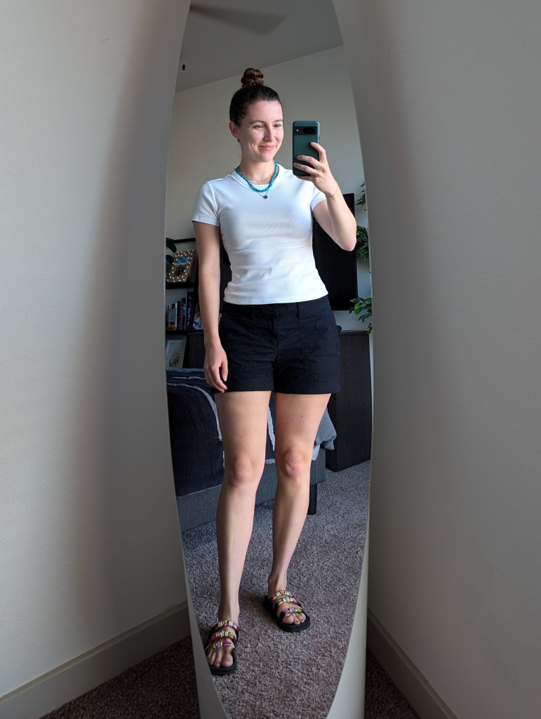 white ribbed tee old navy black cargo shorts jcpenney beaded sandals