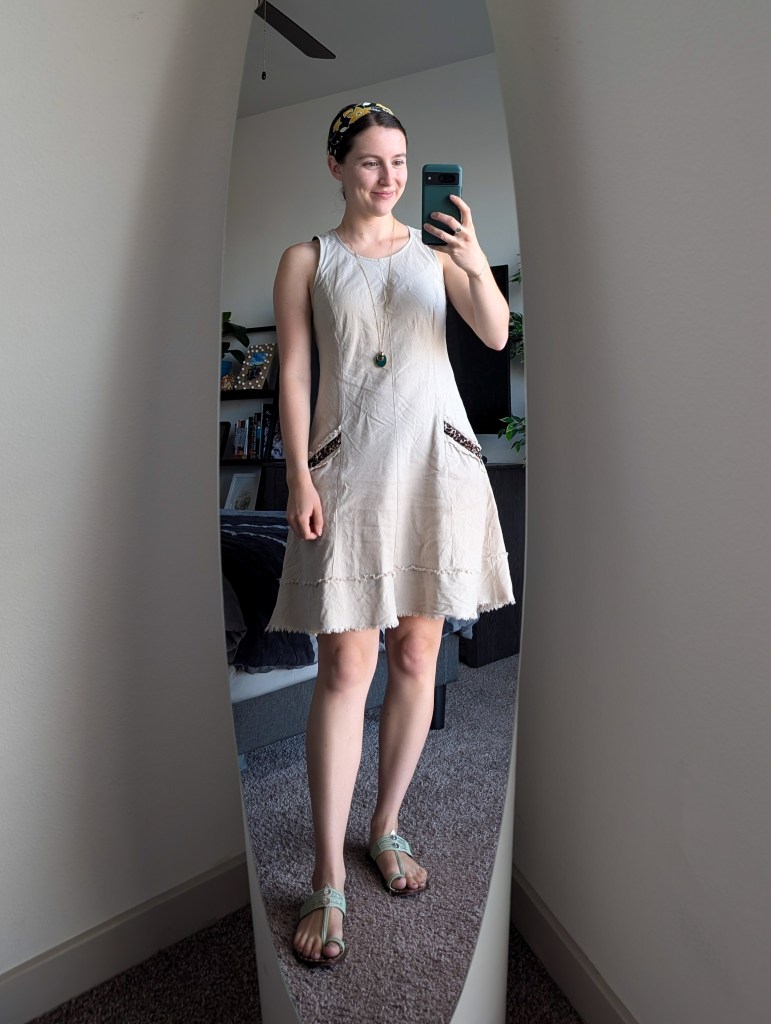 khaki dress linen leopard details pendant necklace headband summer fashion