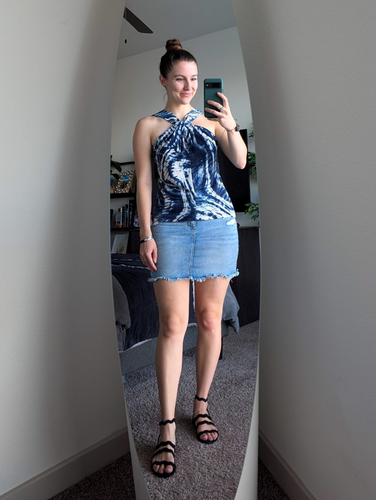 clara sunwoo top halter blue print denim skirt black wavy sandals