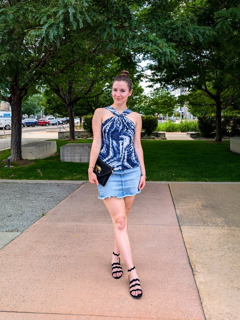 clara sunwoo halter top denim skirt summer date night black wavy sandals