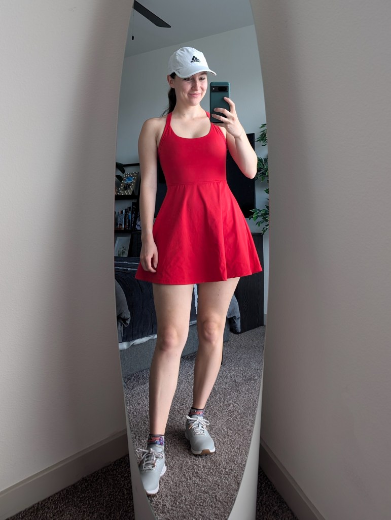 red atheltic dress halara amazon fashion white hat callaway golf shoes golfing outfit